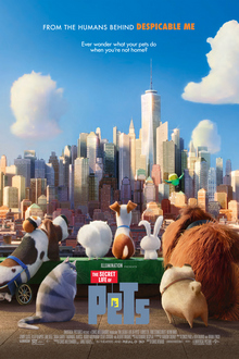 A group of various pets view a skyline of New York City from a roof.