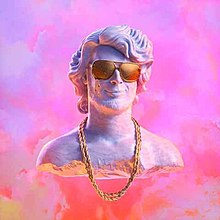 Gray stone bust in the shape of Yung Gravy's head with sunglasses and a gold chain all over a background that is composed primarily of purples, pinks, reds, and oranges.