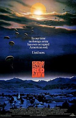 In a cloudy sky, Soviet paratroopers (seen with parachutes) began their descent into Calumet, Colorado. Text reads "In our time no foreign army has ever occupied American Soil. Until now". The film's title is read in red text in both Russian on top (reading Красная рассвет) and English on bottom, followed by the credits on the bottom.