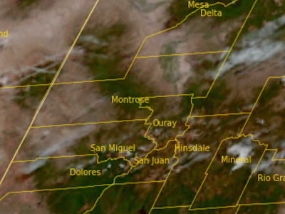 Visible satellite imagery of southwestern Colorado, with Montrose County in the Center, shows cloud cover over Colorado, but no smoke near the Bucktail fire.