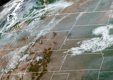 Satellite image of the western US, including Oregon, Washington, Idaho, Montana, Wyoming, Utah, Colorado, The Dakotas, Nebraska, and Kansas. A heavy layer of smoke is visible north of Colorado.