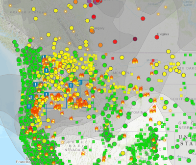 A map of the northwestern US and Canada shows fires burning in California, Oregon, Idaho, Washington, and Canada, with air quality monitors (yellow, orange, and red) indicating that smoke is impacting air quality. Monitors in Colorado are green and yellow, indicating that air quality has not degraded from smoke.