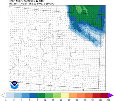 The HRRR-Smoke model over eastern Colorado shows the potential for 6-8 micrograms of Particulate Matter in the northeast corner of Colorado, by Thursday afternoon.