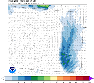 The HRRR-Smoke model shows 2-6 micrograms of smoke at the surface in eastern colorado by 2 pm friday 8/30.