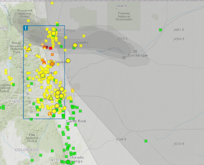 EPA's fire and smoke map shows plumes of smoke over the Northern Front Range Region, with the majority of monitors showing Moderate Particulate Concentrations.