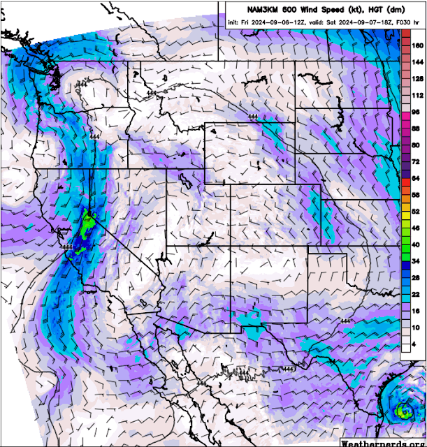 Map of winds at the 600 millibar level indicate transport of smoke from fires in Idaho and Wyoming moving toward Montana and the Dakotas, largely missing Colorado, with potential for light smoke to move toward northern and eastern parts of the state.