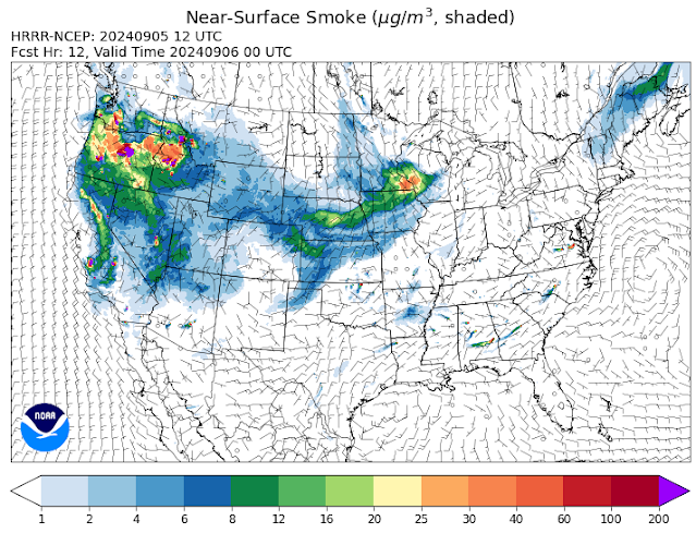 HRRR-Smoke map of the U.S. shows light to moderate concentrations of smoke being drawn into eastern Colorado at 0 UTC (6 pm MST) on Thursday.