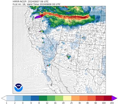 Map of western United states showing concentrations of smoke over the region. Northwest Colorado will begin to see smoke increasing by midnight Wednesday night.