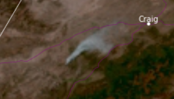 Visible satellite image of a wildfire located near the Moffat/Rio Blanco county line in northwestern Colorado