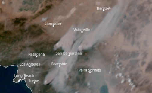 Satellite imagery from Tuesday, September 10th of large wildfires and heavy smoke in southern California.