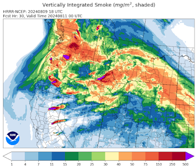 Map showing widely ranging concentrations of smoke in the northwestern U.S., with higher amounts found in Idaho, Montana, Washington and Oregon, over those generally found in Colorado, Wyoming, and Nevada.