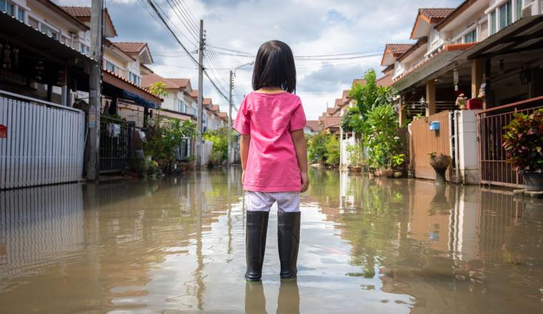 Child in a pink shirt and black boots stands in the middle of a flooded residential street lined with houses and greenery.