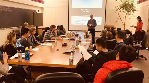 Postdocs attending a workshop on talking to the media