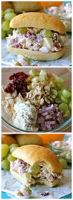 three different views of a sandwich on a plate with grapes, nuts and cranberries