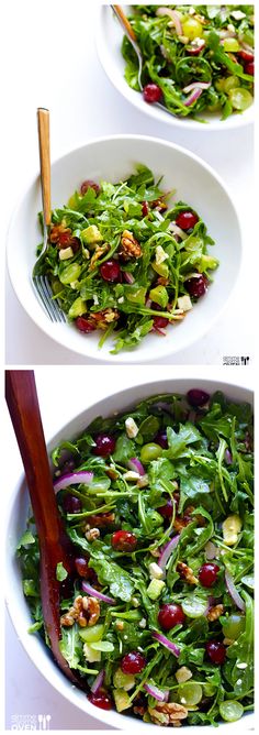 two pictures of a salad with cranberries and nuts