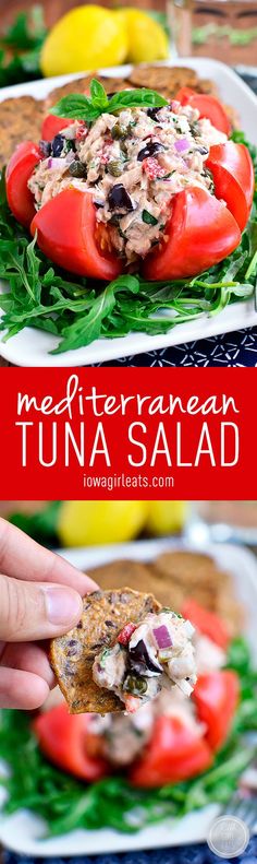 this mediterranean tuna salad is loaded with fresh tomatoes, lettuce and olives