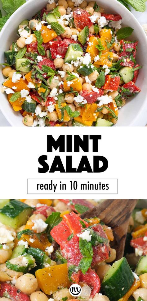 This quick salad with mint is delightful, filling and packed with flavor. The combination of chickpeas, veggies, fresh mint leaves and tangy dressing is perfect for summer! #mintrecipes #saladrecipes #glutenfreerecipes #sidedishes Herb Recipes, Mint Leaves Recipe, Mint Recipes Fresh, Mint Salad Recipes, Salad With Mint, Fresh Herb Recipes, Quick Salad, Mint Salad, Mint Recipes