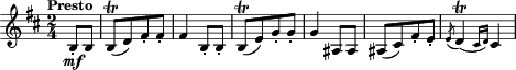 \relative {\clef treble \key b \minor \time 2/4 \tempo "Presto" \partial 4
           b8-. \mf b | b[( \trill d) fis-. fis-.] | fis4 b,8-. b -.| b[( \trill e) g-. g-.] | g4 ais,8 ais | ais[( cis) fis-. e-.] |  \acciaccatura e8 d4( \trill \grace {cis16 d)} cis4 }