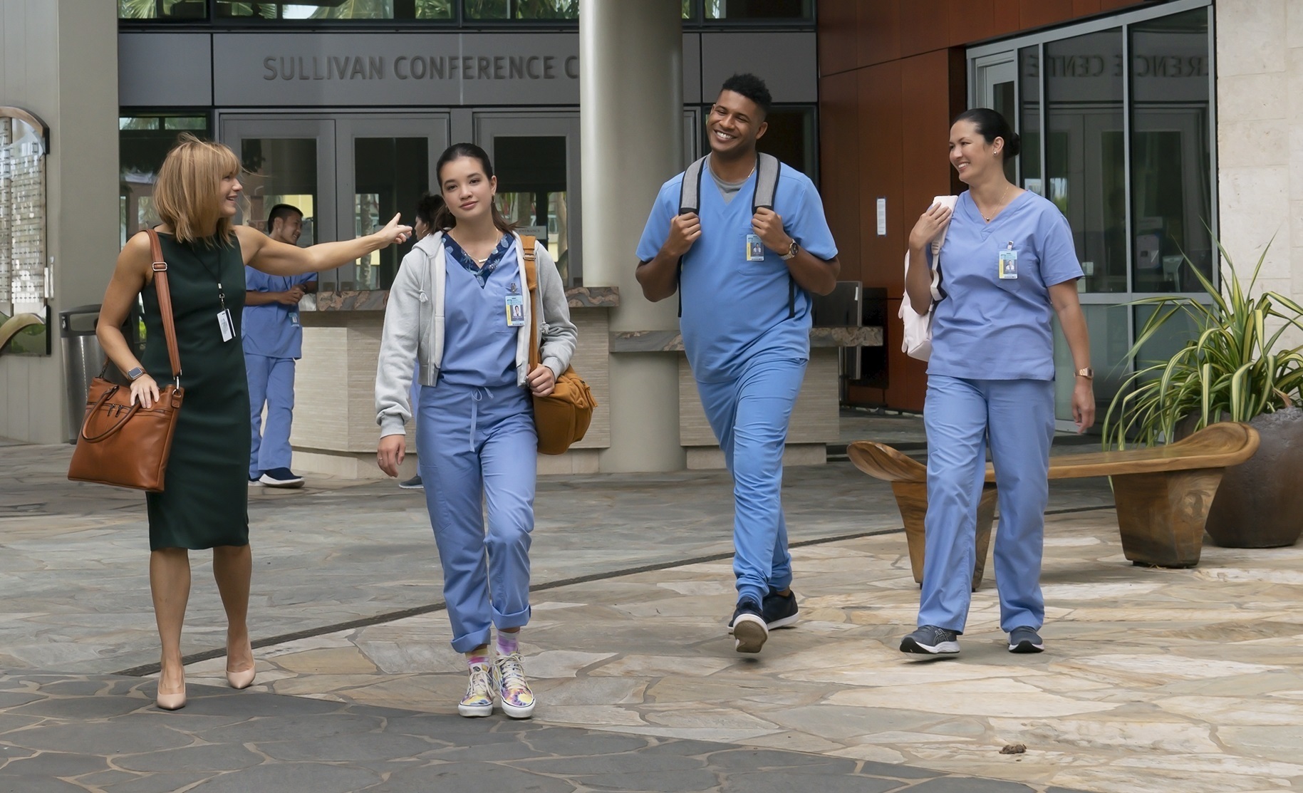 Kathleen Rose Perkins, Jeffrey Bowyer-Chapman, Mapuana Makia, and Peyton Elizabeth Lee in Doogie Kamealoha, M.D. (2021)