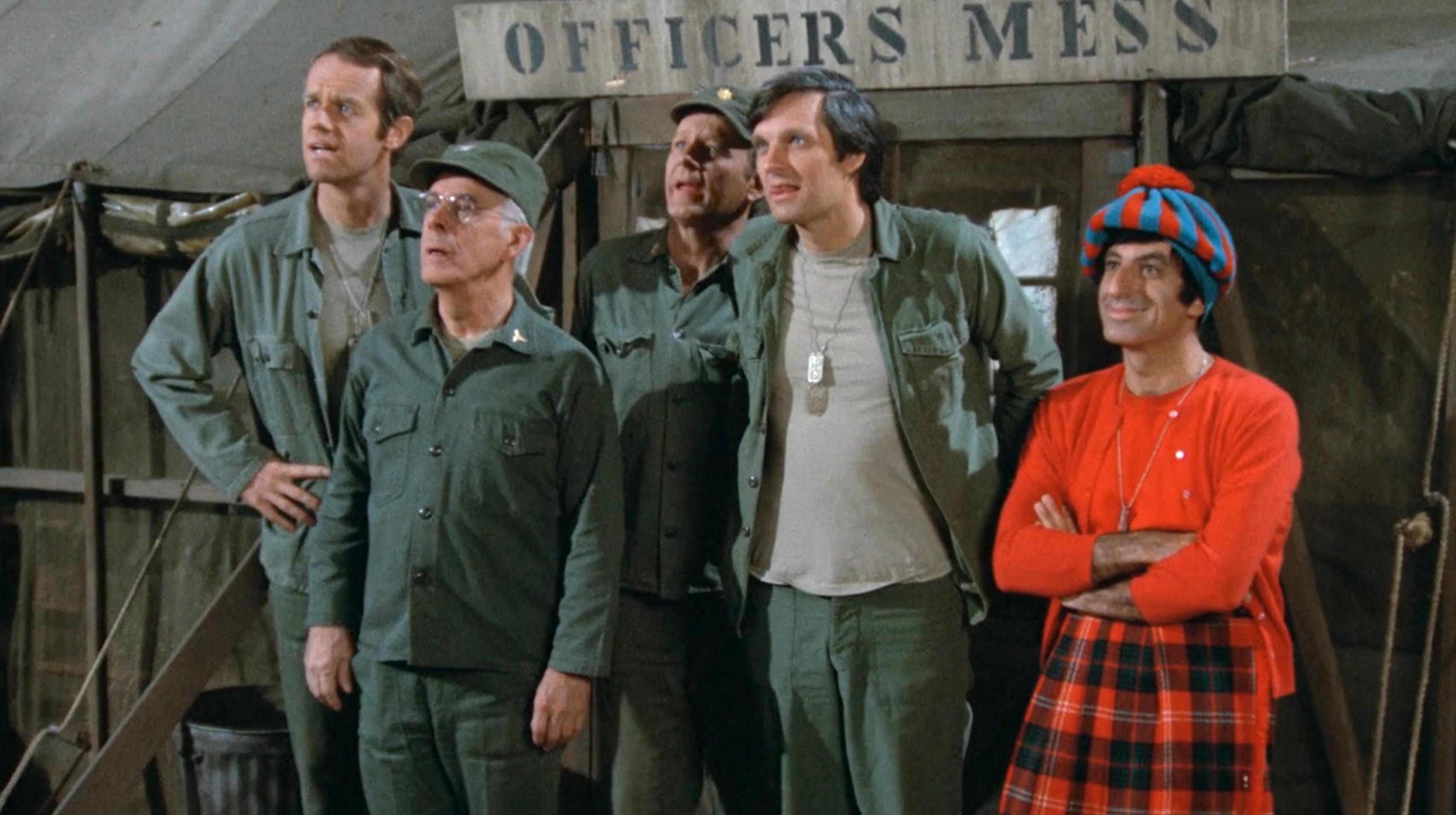 Alan Alda, Jamie Farr, Mike Farrell, Larry Linville, and Harry Morgan in M*A*S*H (1972)