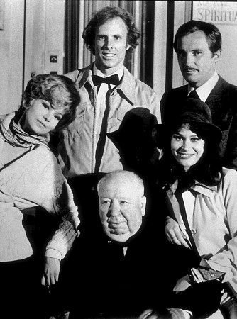 "Family Plot," B. Harris, B. Dern, R. Thinnes, K. Black, and Director Alfred Hitchcock, 1976.