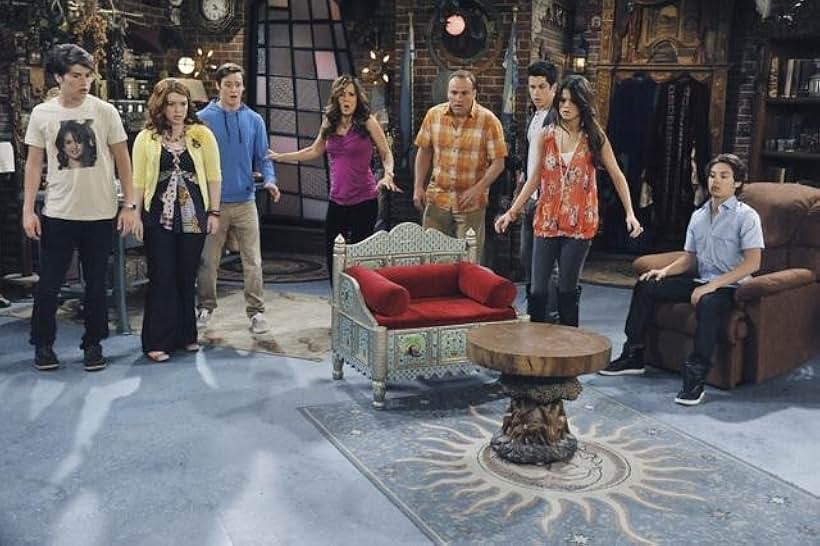 Maria Canals-Barrera, David DeLuise, Jennifer Stone, David Henrie, Selena Gomez, Jake T. Austin, Daniel Benson, and Gregg Sulkin in Wizards of Waverly Place (2007)