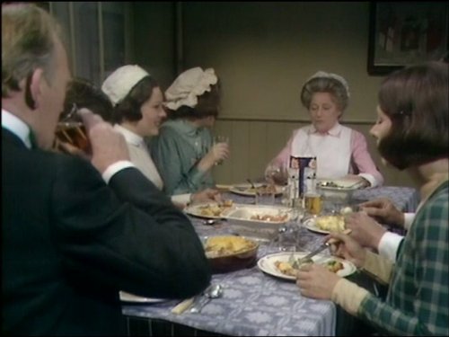 Angela Baddeley, Gordon Jackson, Jean Marsh, Jenny Tomasin, and Jacqueline Tong in Upstairs, Downstairs (1971)