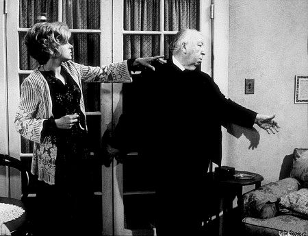 "Family Plot," Barbara Harris and Director Alfred Hitchcock. 1976 Universal