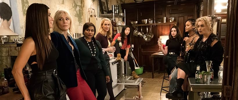 Sandra Bullock, Helena Bonham Carter, Cate Blanchett, Anne Hathaway, Sarah Paulson, Mindy Kaling, Rihanna, and Awkwafina in Ocean's Eight (2018)