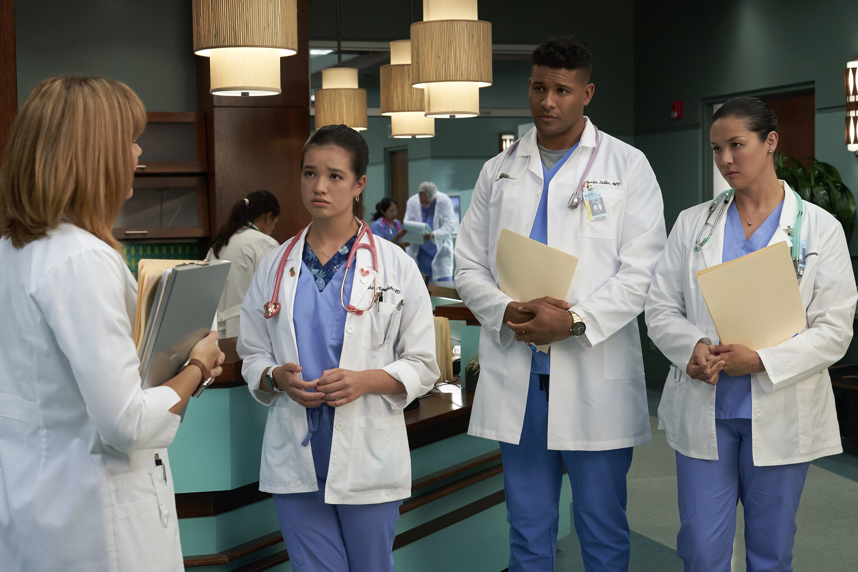 Kathleen Rose Perkins, Jeffrey Bowyer-Chapman, Mapuana Makia, and Peyton Elizabeth Lee in Doogie Kamealoha, M.D. (2021)