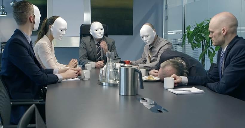 Morten Jørgensen, Jonas Schmidt, Hans Henrik Voetmann, Troels Faber, Amanda Collin, and Søren Peter Knudsen in Banken: New Normal (2014)