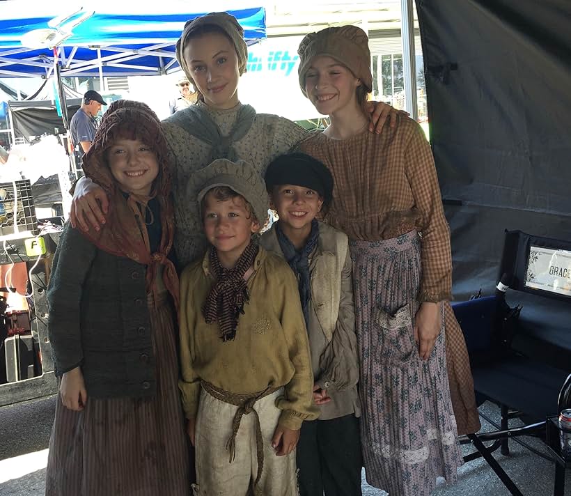 Sarah Gadon, Christine Banquier, Zoe Begley, Jacob Soley and Isaak Bailey (The Marks Kids) on set Alias Grace.