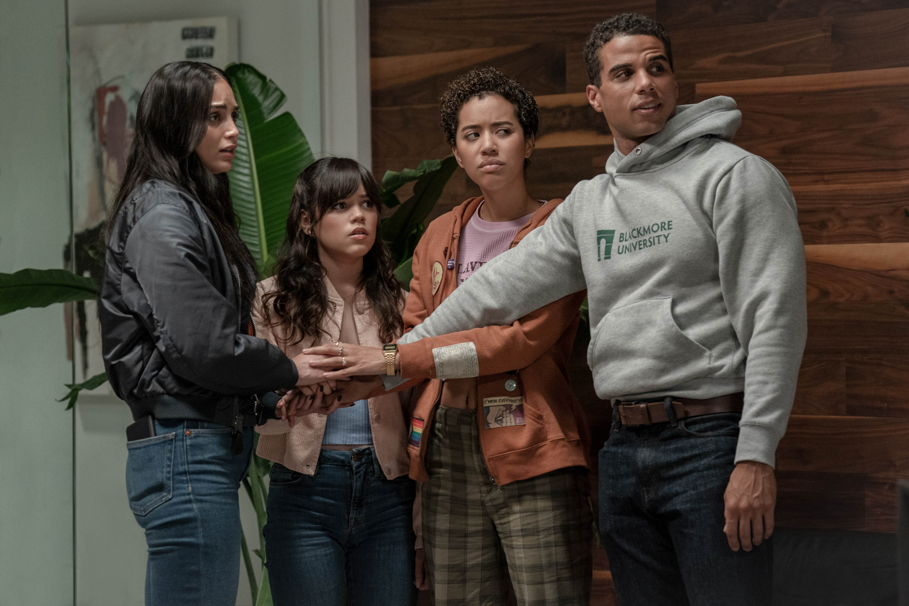 Mason Gooding, Melissa Barrera, Jenna Ortega, and Jasmin Savoy Brown in Scream VI (2023)