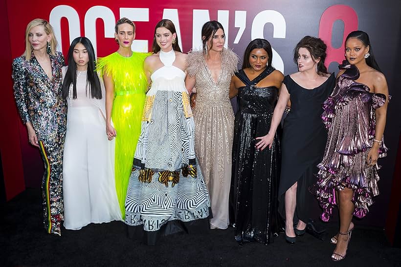 Sandra Bullock, Helena Bonham Carter, Cate Blanchett, Anne Hathaway, Sarah Paulson, Mindy Kaling, Rihanna, and Awkwafina at an event for Ocean's Eight (2018)