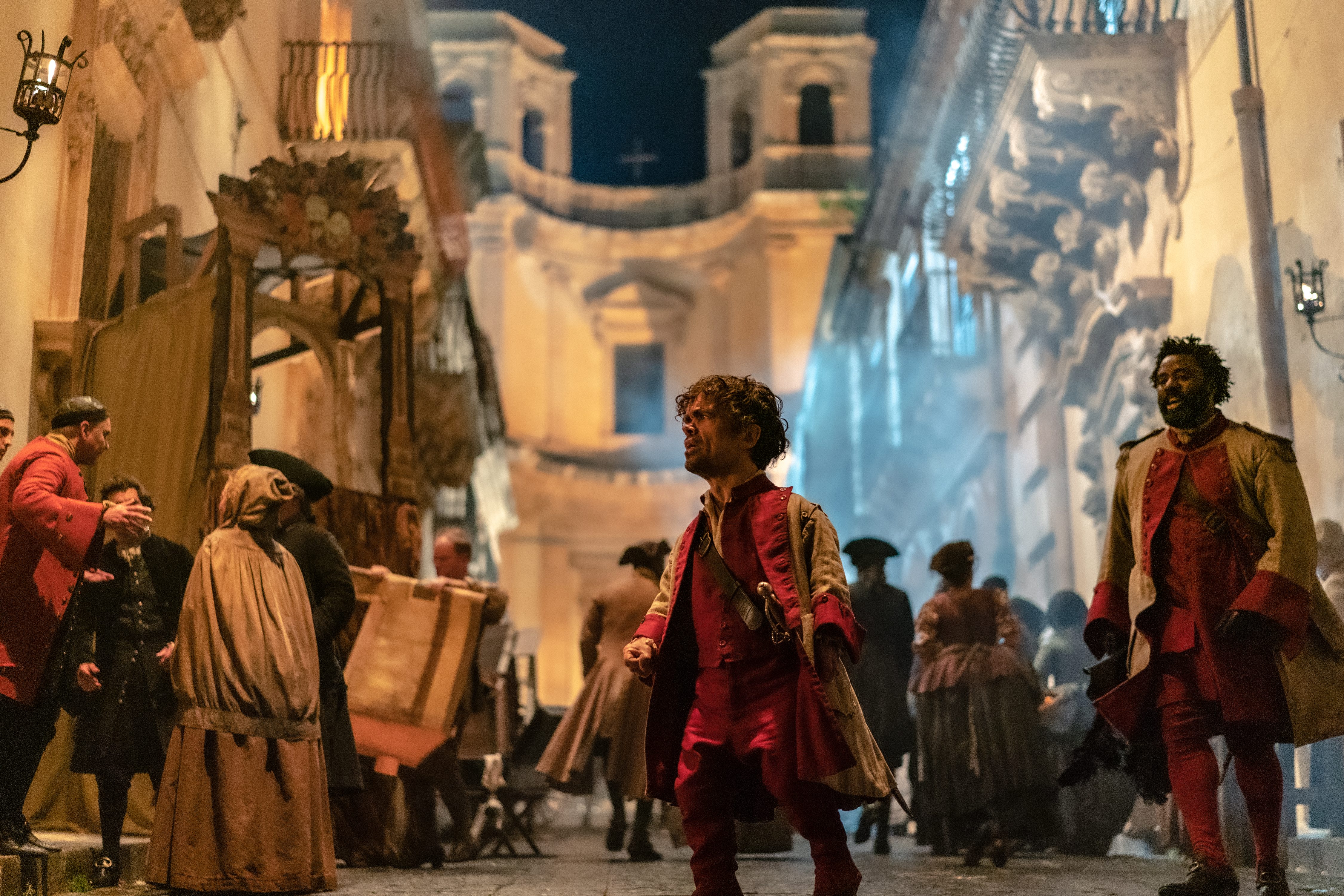 Peter Dinklage and Bashir Salahuddin in Cyrano (2021)