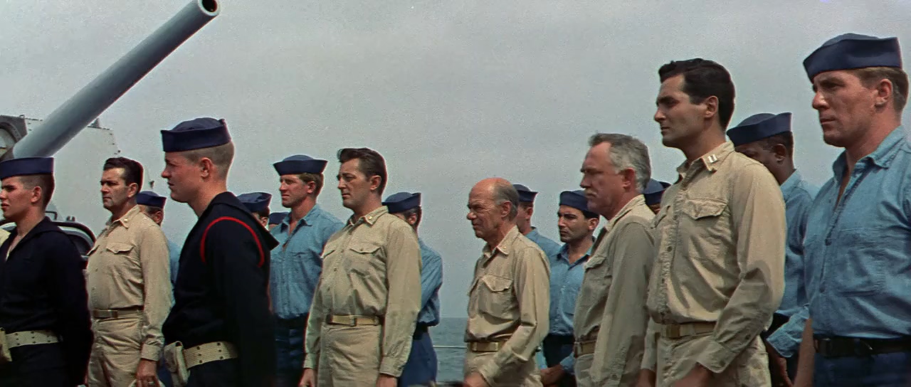 Robert Mitchum, Frank Albertson, Russell Collins, Joe Di Reda, and David Hedison in The Enemy Below (1957)