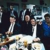 Steve Buscemi, Harvey Keitel, Quentin Tarantino, Michael Madsen, Tim Roth, Chris Penn, Edward Bunker, and Lawrence Tierney in Reservoir Dogs (1992)