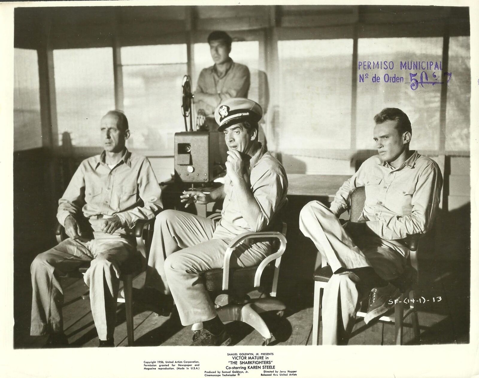 Victor Mature, Claude Akins, Philip Coolidge, and James Olson in The Sharkfighters (1956)