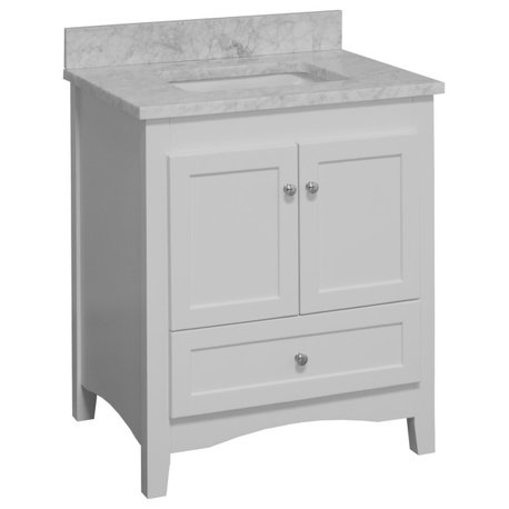 Abbey 30" Bathroom Vanity, Base: White, 30", Top: Carrara Marble