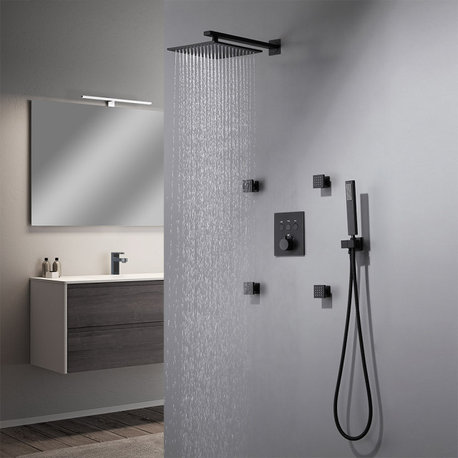 Thermostatic Shower System Black Shower Head with 4 Body Jets and Hand Shower, 12 Inches