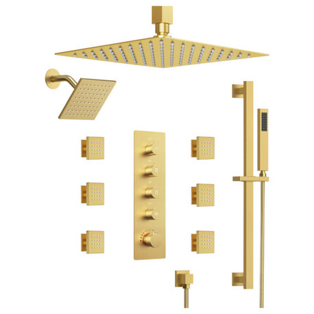 Thermostatic Shower System 16" Dual Shower Heads With Body Jets, Brushed Gold