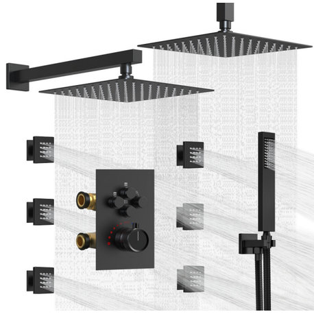 Thermostatic Shower System 12" Dual Shower Heads with Body Jet, Matte Black