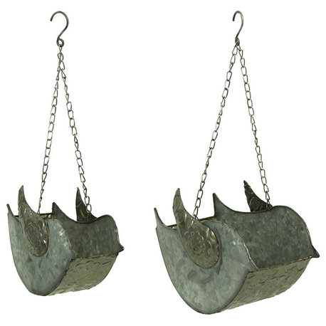 Galvanized Finish Embossed Set of 2 Hanging Metal Planters