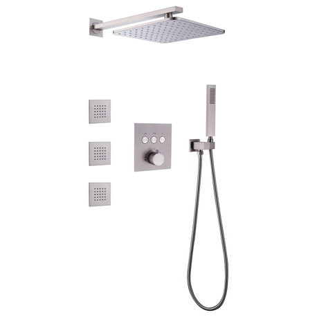 Luxury Thermostatic Complete Shower System With Rough-in Valve, Brushed Nickel