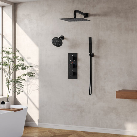 Dual Heads 12" Rain Shower System with Thermostatic Brass Valve, Matte Black