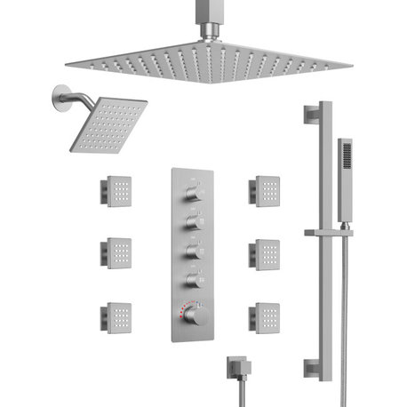 Thermostatic Shower System 16" Dual Shower Heads With Body Jets, Brushed Nickel