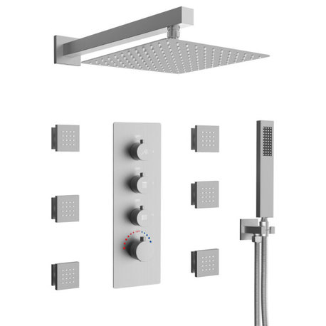 Thermostatic Shower System with 12" Rain Shower Head, Hand Shower,Jets, Brushed Nickel