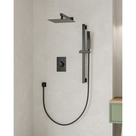 Modern Rain Shower System With Slide Bar Hand Shower, Matte Black, 10"