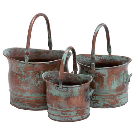 Green Tinged Metal Bucket Planter With Handles, 3-Piece Set