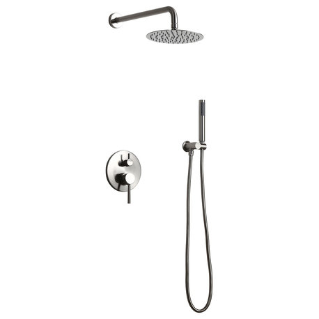 Modern Wall Mounted Rain Shower System with Handheld Shower Set Solid Brass, Brushed Nickel, 12"